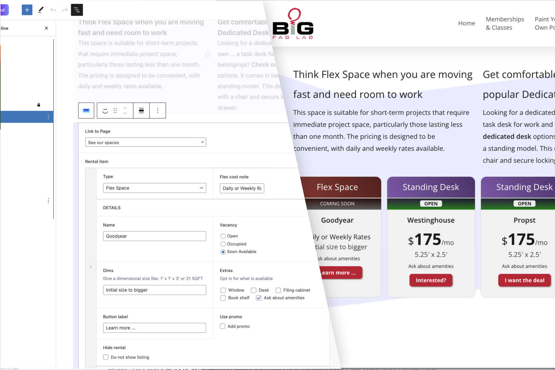 ACF rental builder page overlaying rendered page