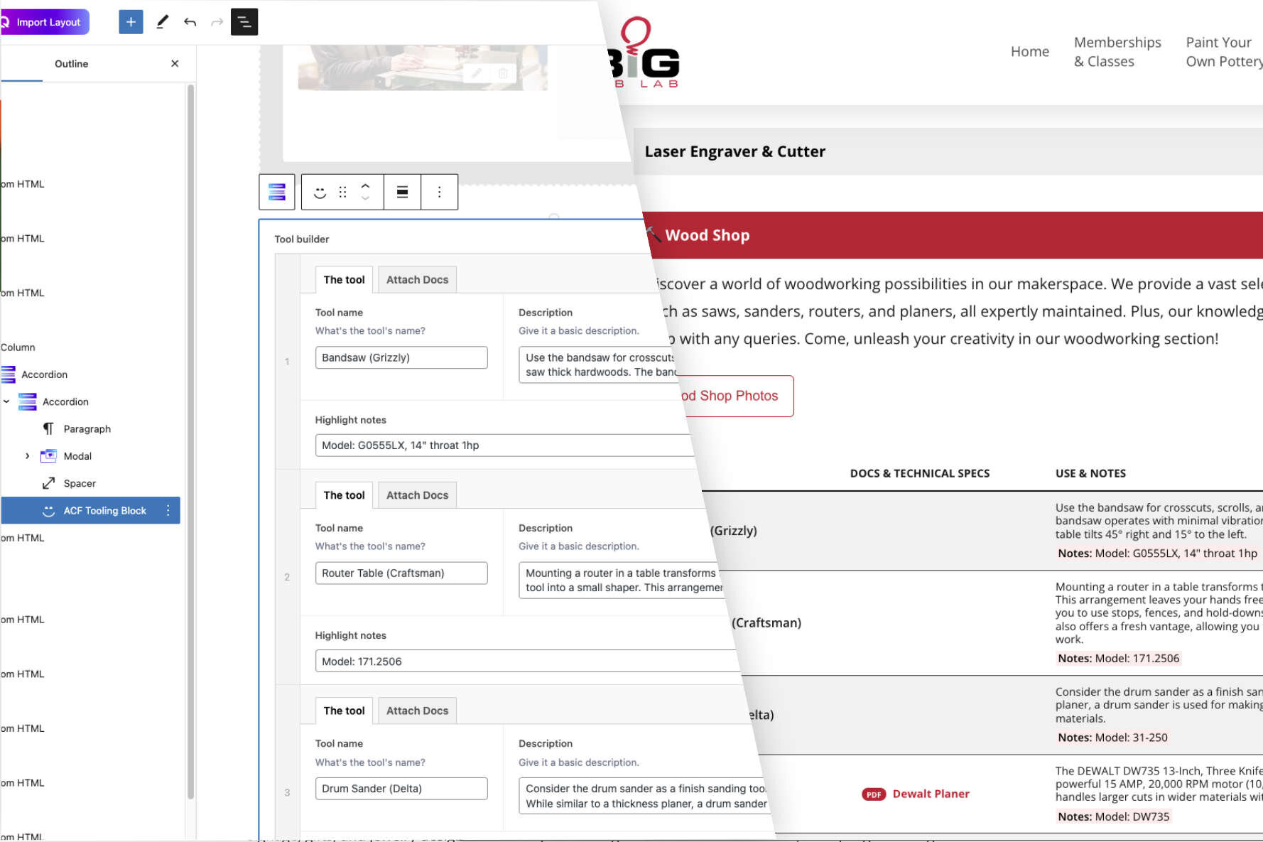 ACF tooling builder page overlaying rendered page