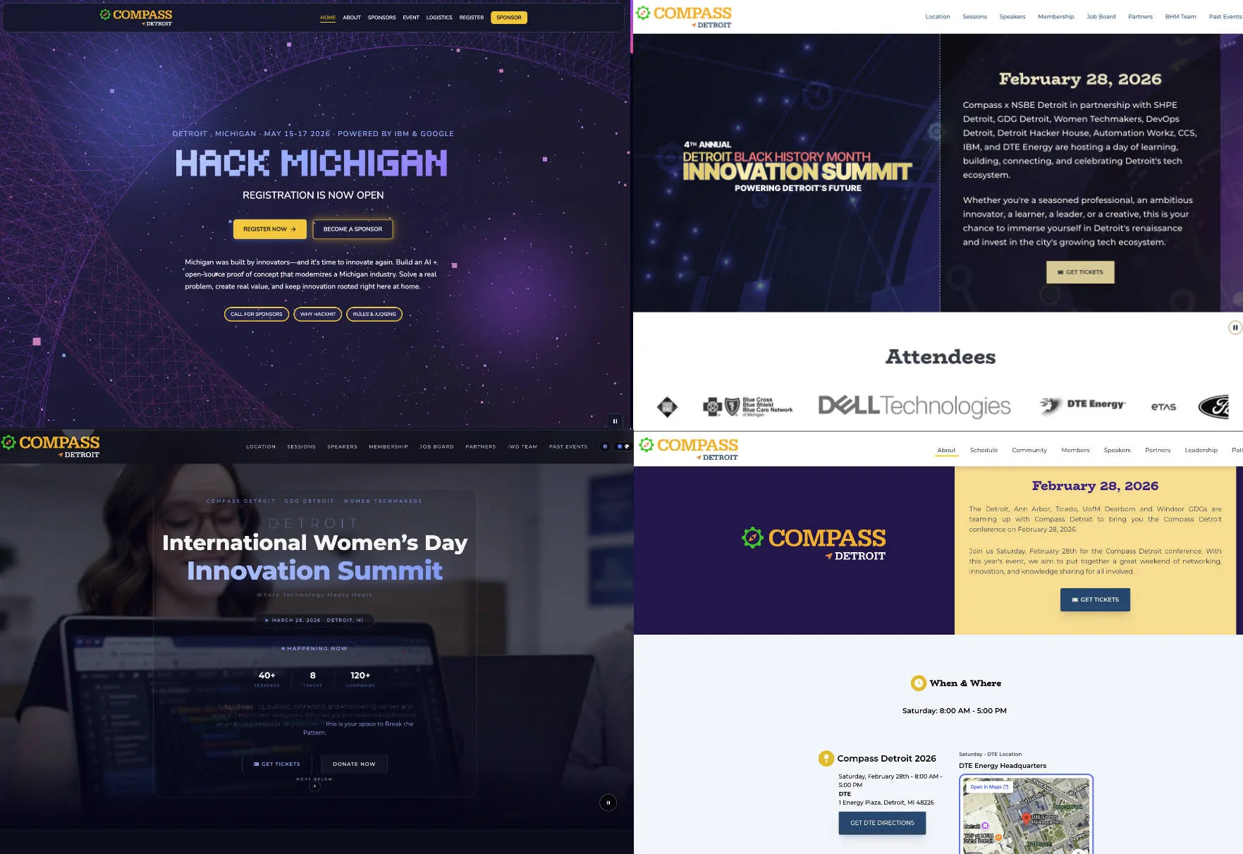 Screenshots of bhmsummit.com, iwdsummit.com, hackmichigan.com, and compass-detroit.com.