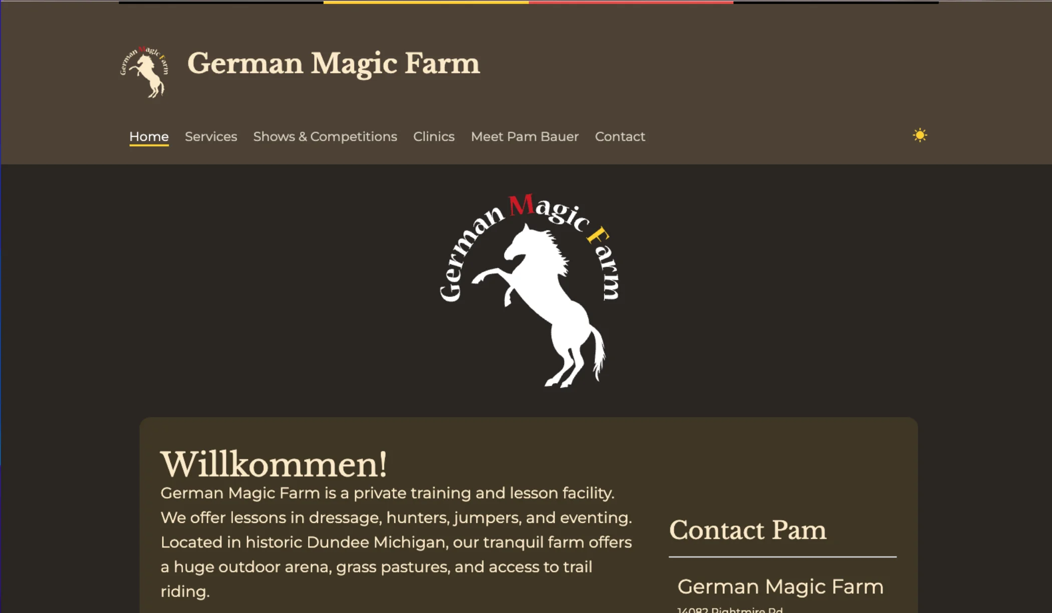 A screenshot of the German Magic Farm website, showing the homepage, about, services, and contact pages.