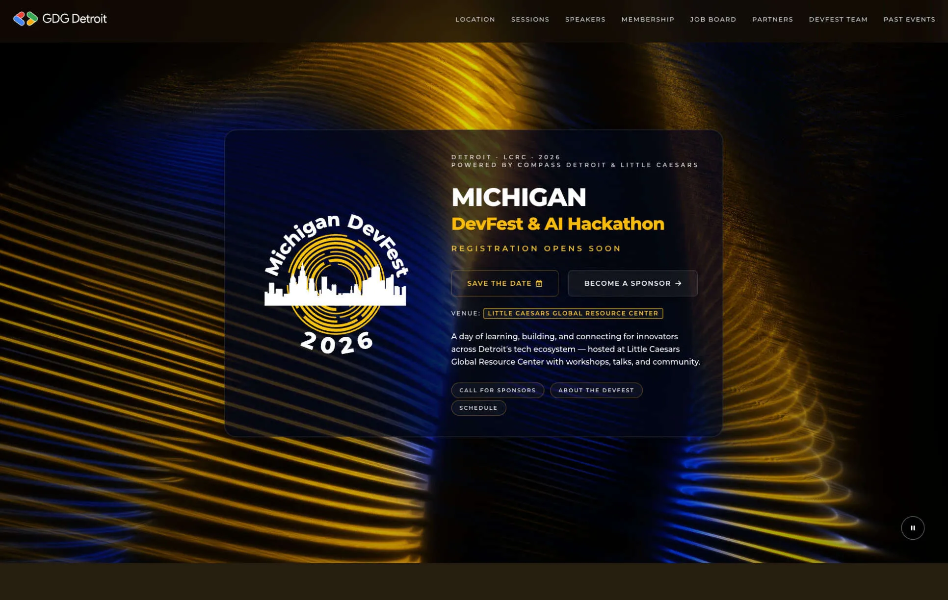 Michigan DevFest 2026 social card with Detroit skyline artwork and gold branding on a dark background.