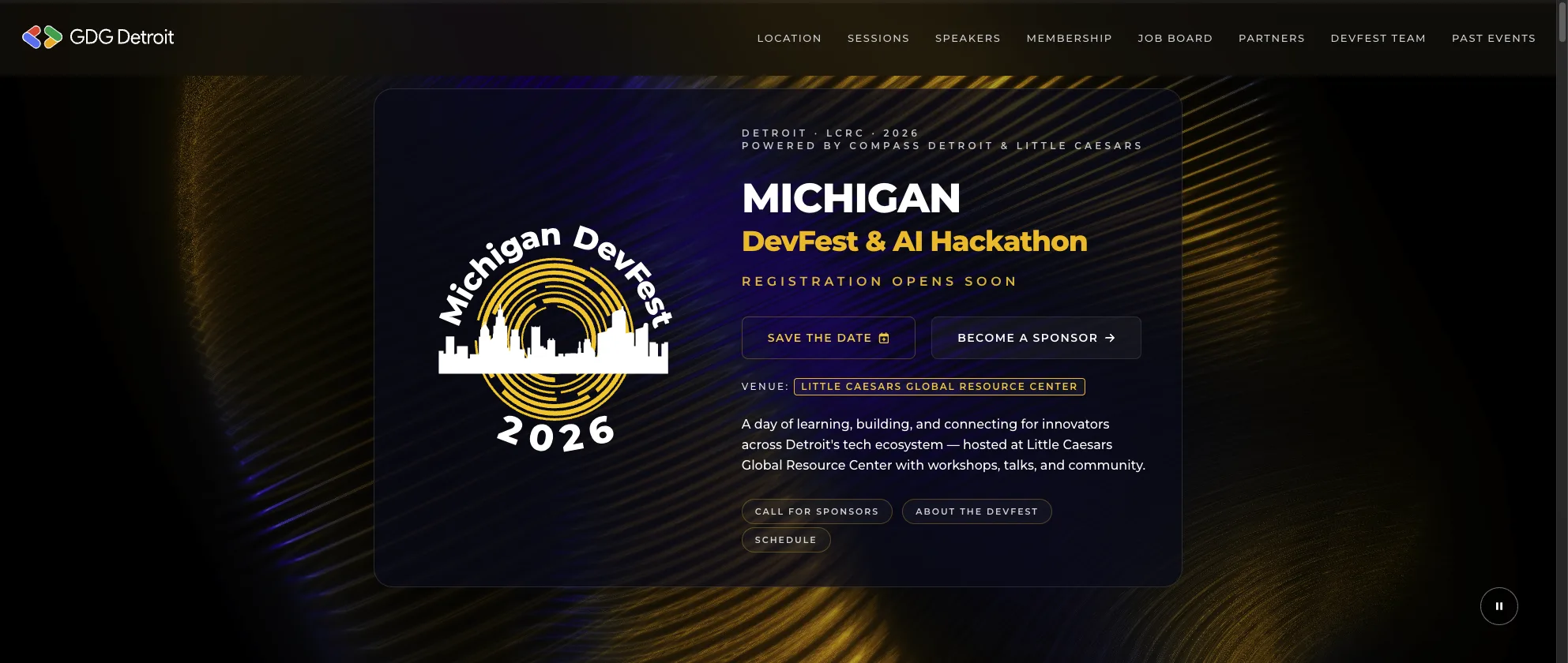 Hero of the Michigan DevFest 2026 site: dark theme, gold accents, Save the Date and Become a Sponsor calls to action.