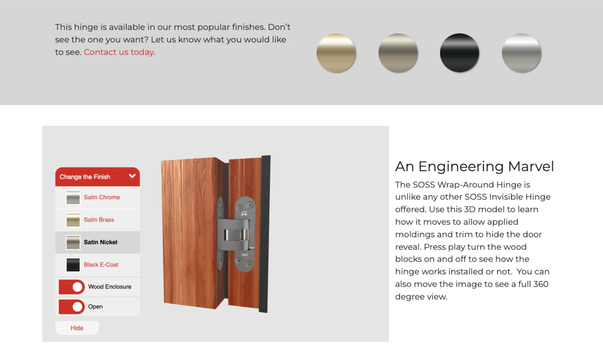 A screenshot of the Soss Door Hardware website, showing the 3D interactive UI, hinge, hinge and finishes.