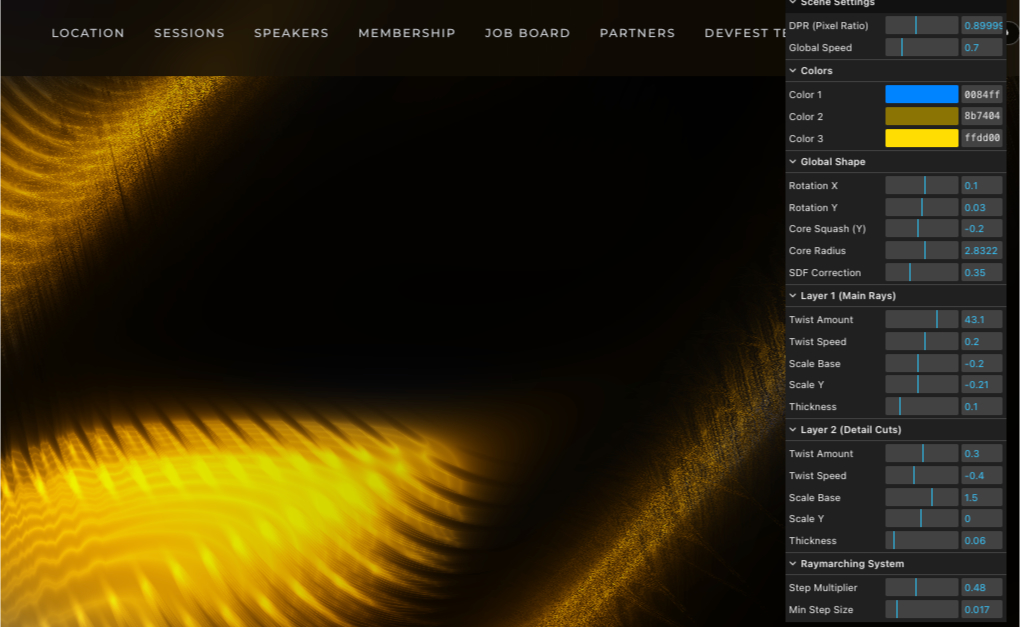 Michigan DevFest hero with a Scene Settings panel open on the right, showing DPR, global speed, color pickers, shape, layer twist, and raymarching controls.