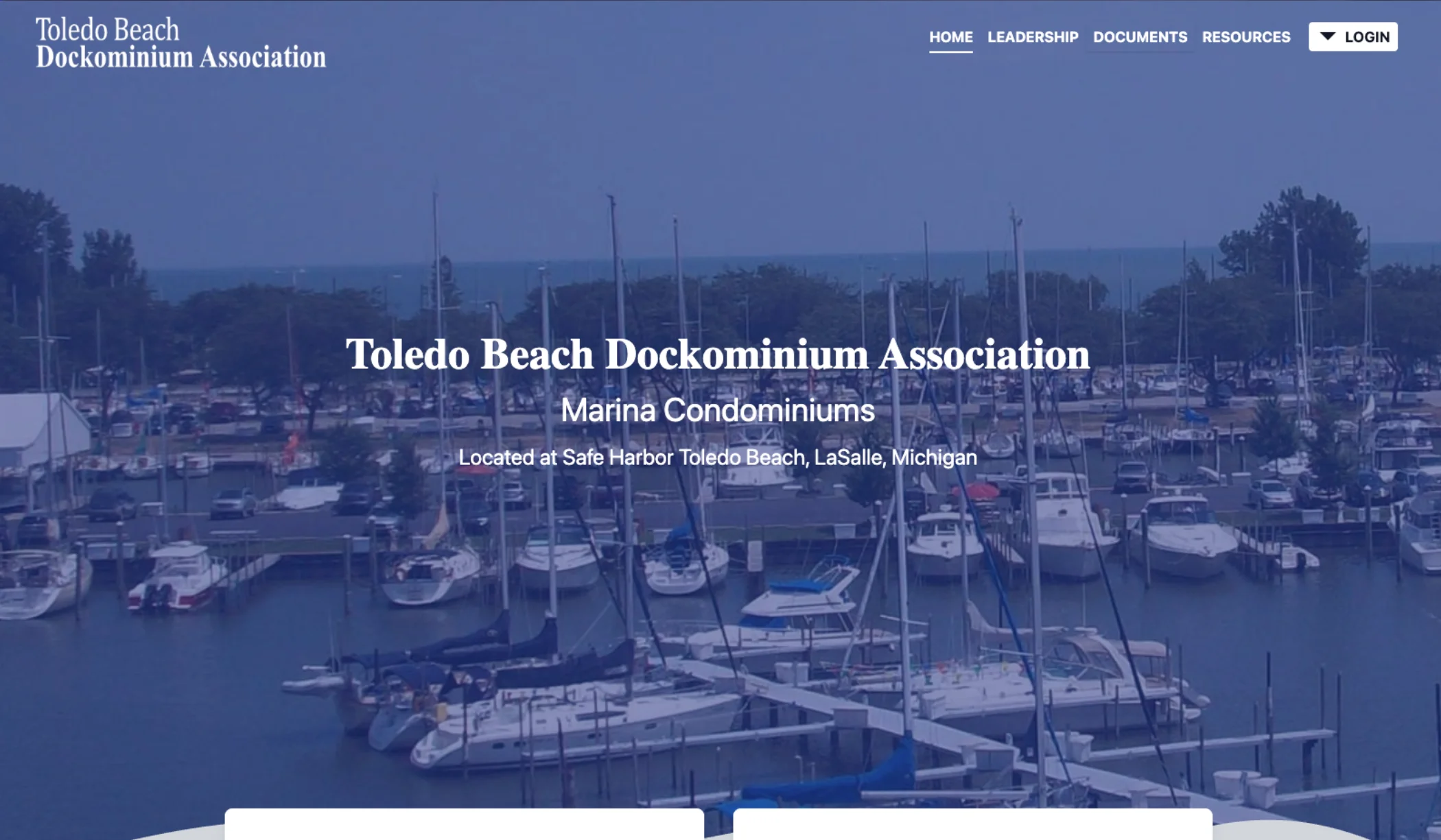 A screenshot of the Toledo Beach Dockominium website, showing the homepage, about, services, and contact pages.